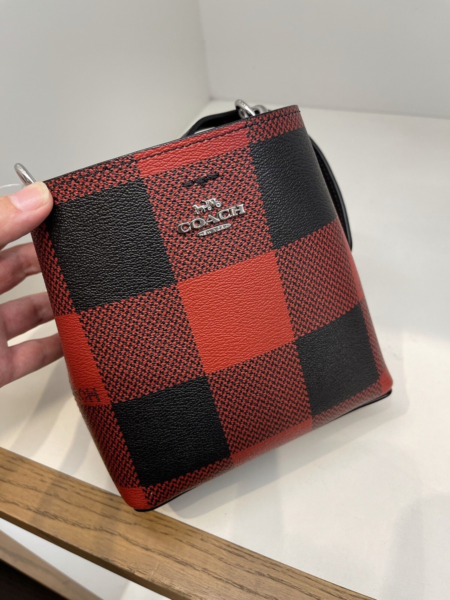 NWT Coach Mini Town Bucket Bag With Buffalo Plaid Print- Red/Black