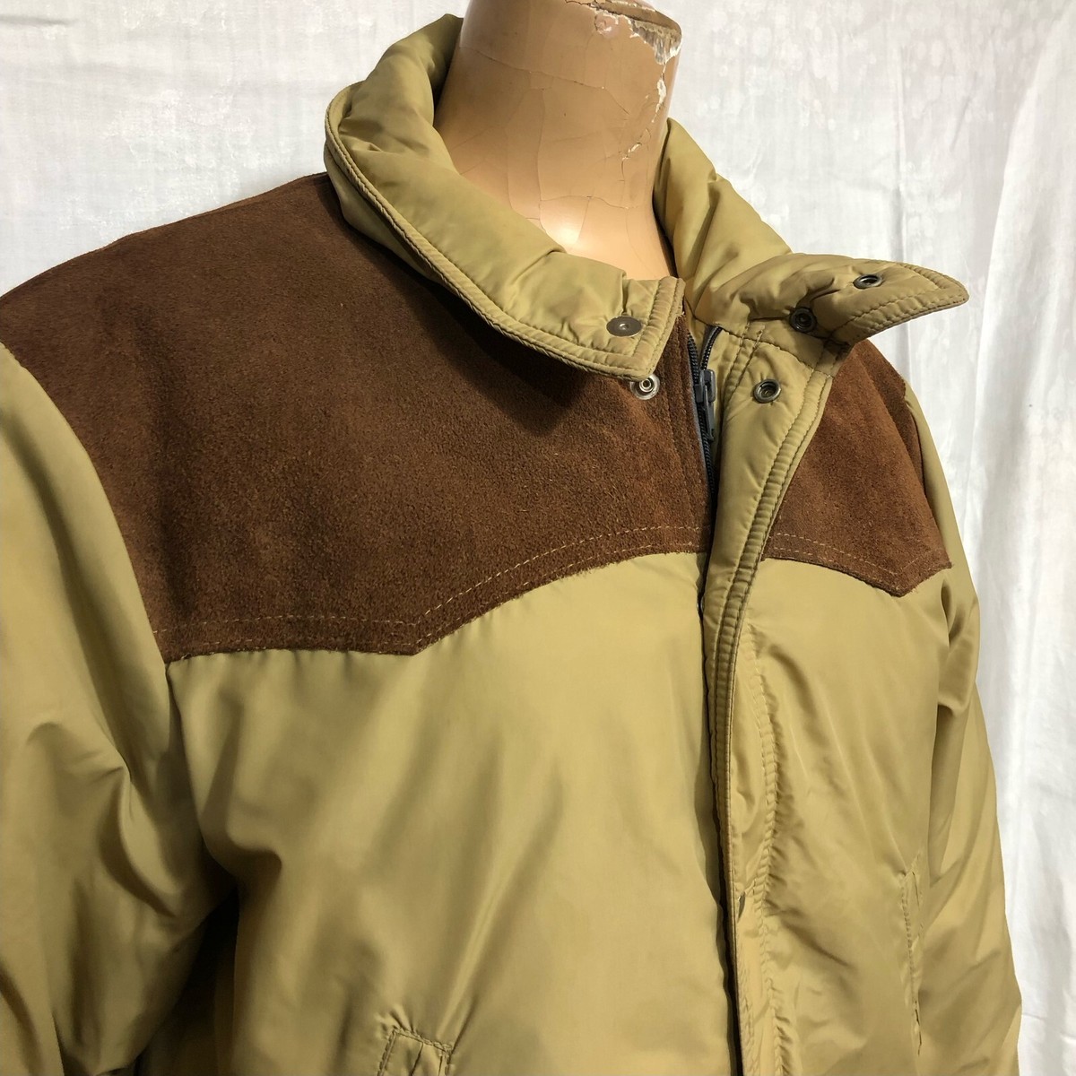 Vintage Mens' 1970s Winter Duck Down Jacket Western Suede Snap