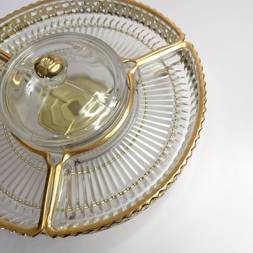 Vintage vetro pigro Susan con bordo oro vassoio ottone piedi a sfera inserti manico rosa - Foto 7 di 16