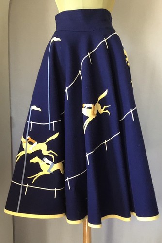 Vintage 1950’s Wool FELT CIRCLE SKIRT With Label HORSE RACING THEME Handmade