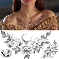 Black Peony Flower Crescent Moon Temporary Tattoos Camellia Rose Floral Leg Arm