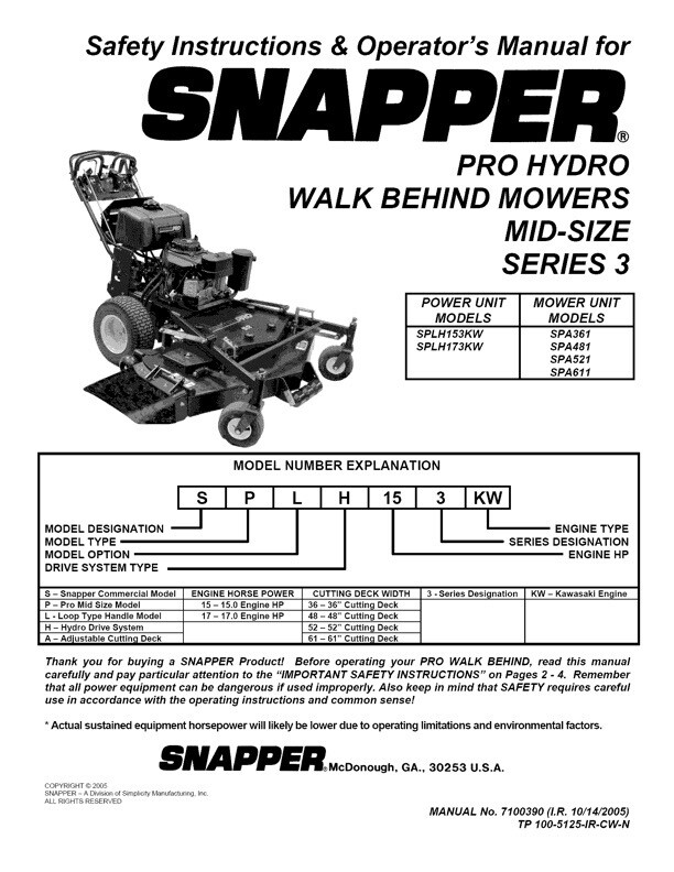 Owners Manual Instructions Snapper Pro Hydro Walk-Behind Mower Mid