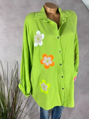 Long BLUSE Hemd Tunika Musselin crinkle Italy BLUMEN lime 40 42 44