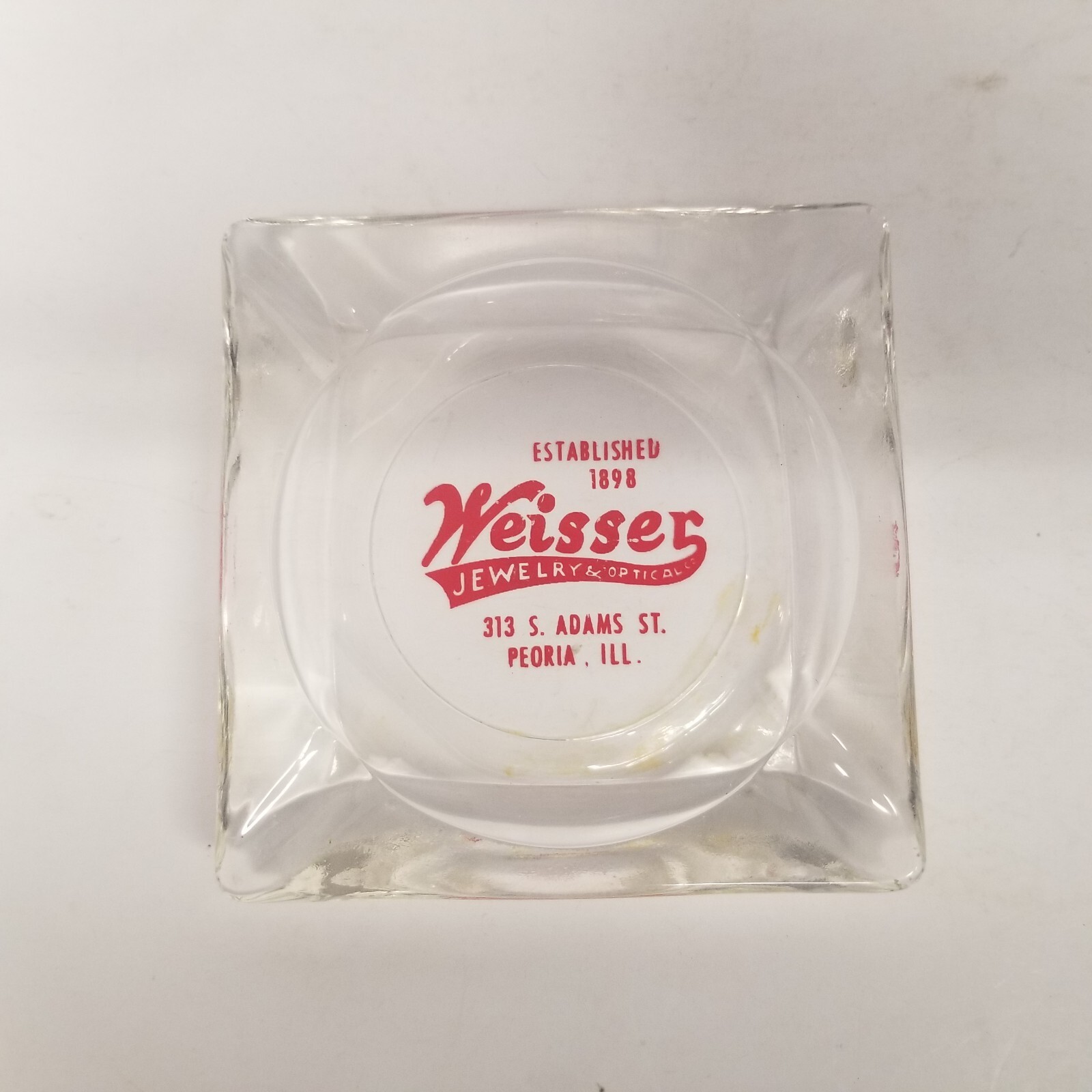 Vintage Weisser Jewelry & Optical Small Glass Tabletop Ashtray, Peoria, Illinois