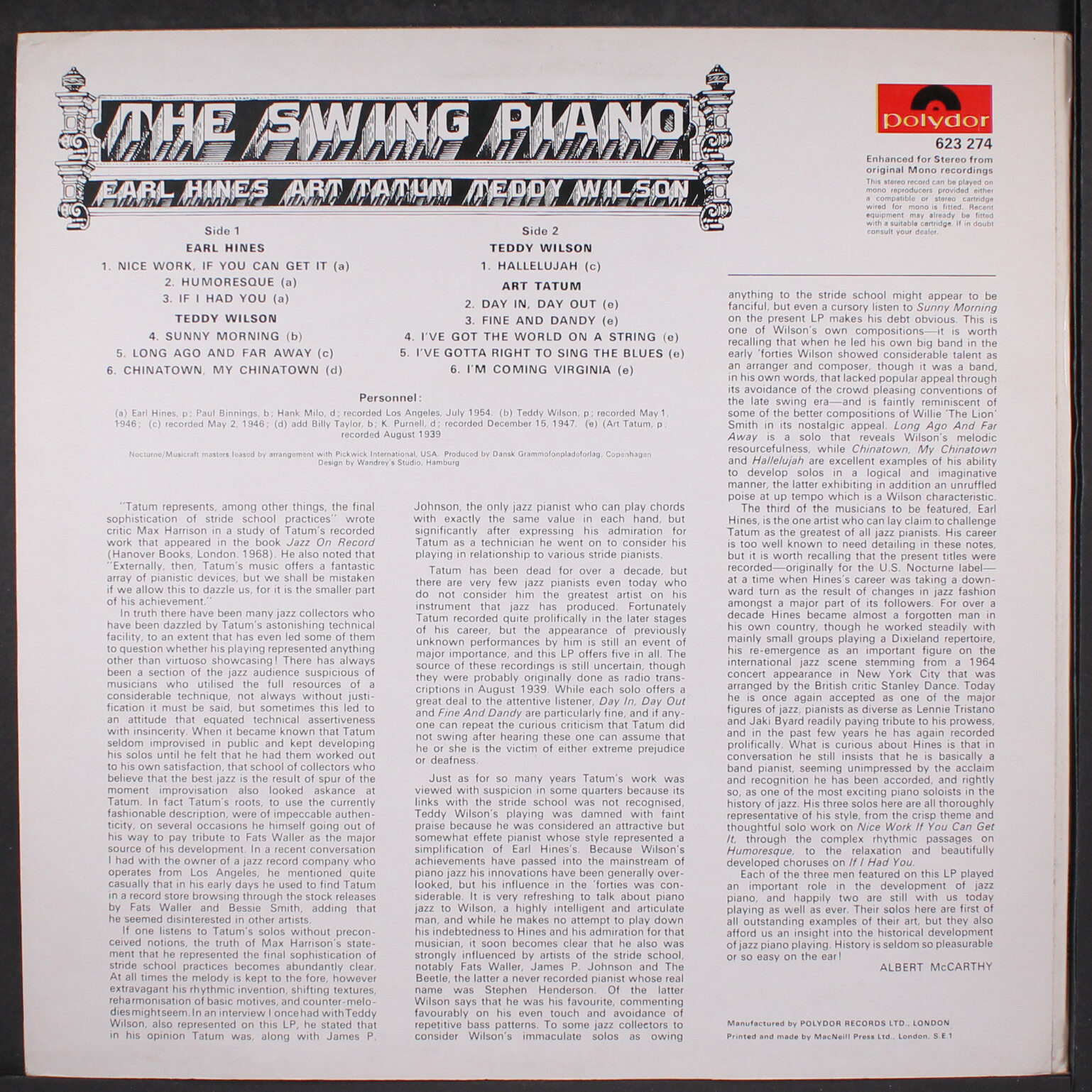 EARL HINES, ART TATUM, TEDDY WILSON: the swing piano POLYDOR 12" LP 33 RPM  | eBay