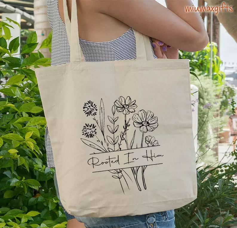 Wildflower Christian Tote Bag, Rooted In Him Bible Verse Bag, Christian Bag