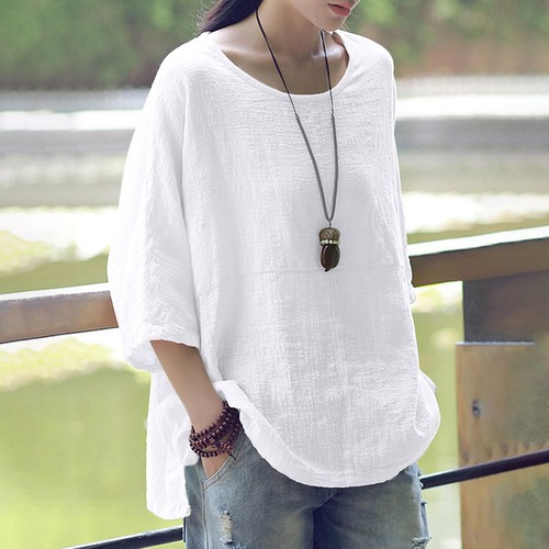 Women's Casual Solid Color Loose Cotton Linen Medium Sleeve Large Size Tops - Bild 3 von 27