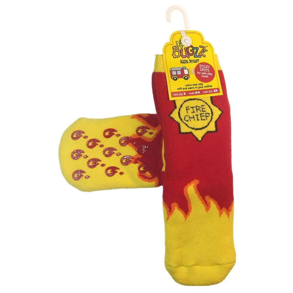 New Bugzz Fire Chief Sticky Spot Anti Slip Welly Socks Shoe Size 9-12 Age 4-7