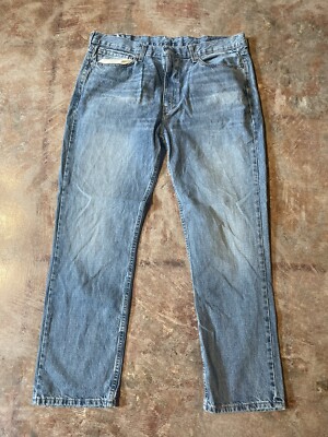 VTG Levi's 514 Slim Straight Leg Leather Patch Light Blue Denim 38W x 30L *