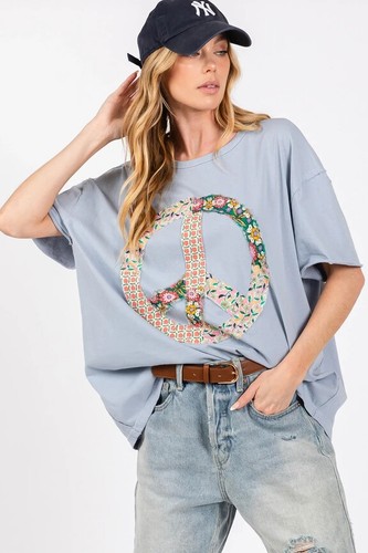SAGE & FIG PEACE SIGN FLORAL APPLIQUE TOP DUSTY BLUE SIZE LARGE ST7304B-CUTE!!! - Picture 4 of 6