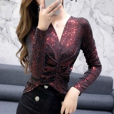 Lady Shiny Sequin T-shirt Long Sleeve Glitter Blouse Frill Slim Casual Dance Top