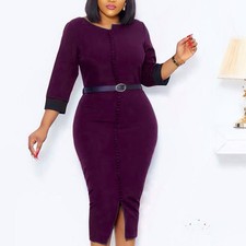 Women's Elegant Round Neck Half Button Bodycon Pencil Midi Dress Party Dress