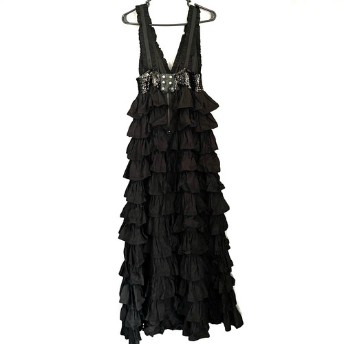 MANOUSH Tiered Ruffle Deep V neck Dress Black Size 8 floor length - Picture 3 of 13