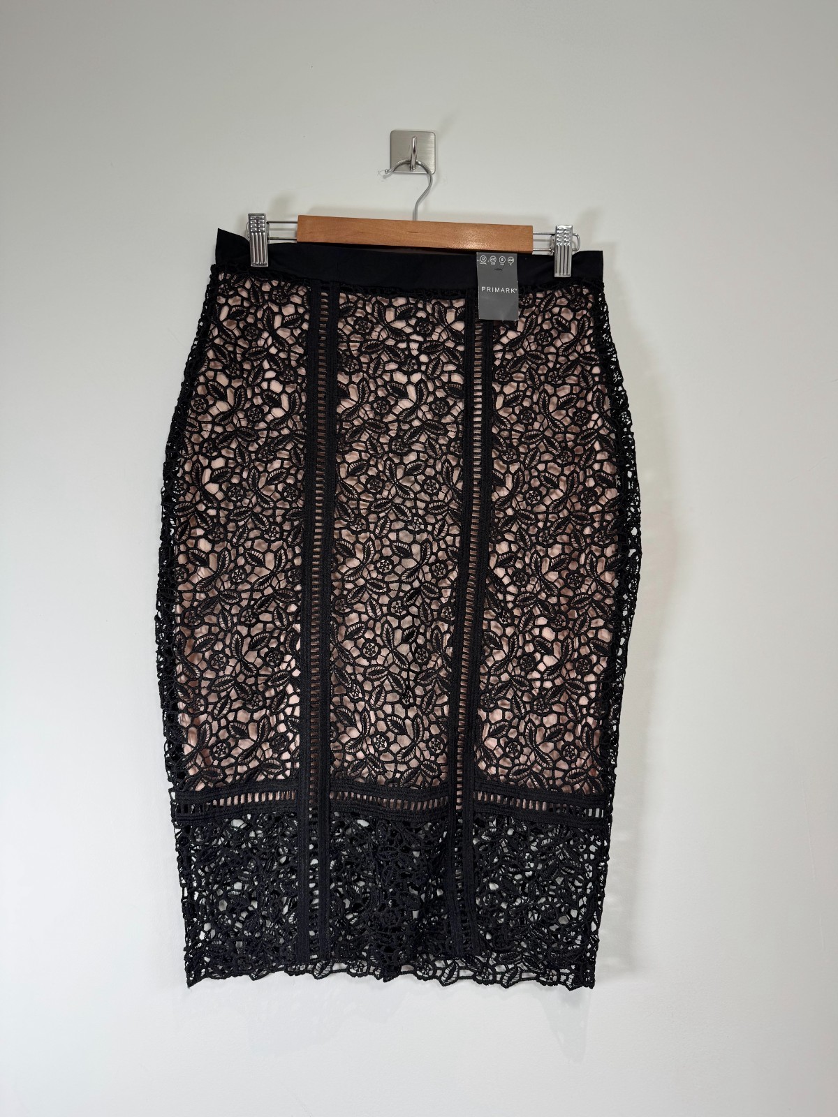 Primark Womens Black Embroidered Lace Lined Pencil Skirt Size 12