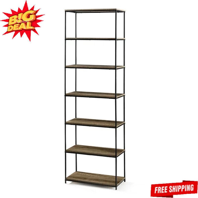 6-Shelf Metal Bookcase for Living Room - Sturdy Brown Storage Shelves