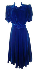 Vintage 1940s blue silk velvet dress M short sleeves Victorian midi formal