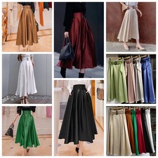 Damen Satin Mittellang Röcke Plissee A-Linie Swing Hohe Taille Locker Vintage