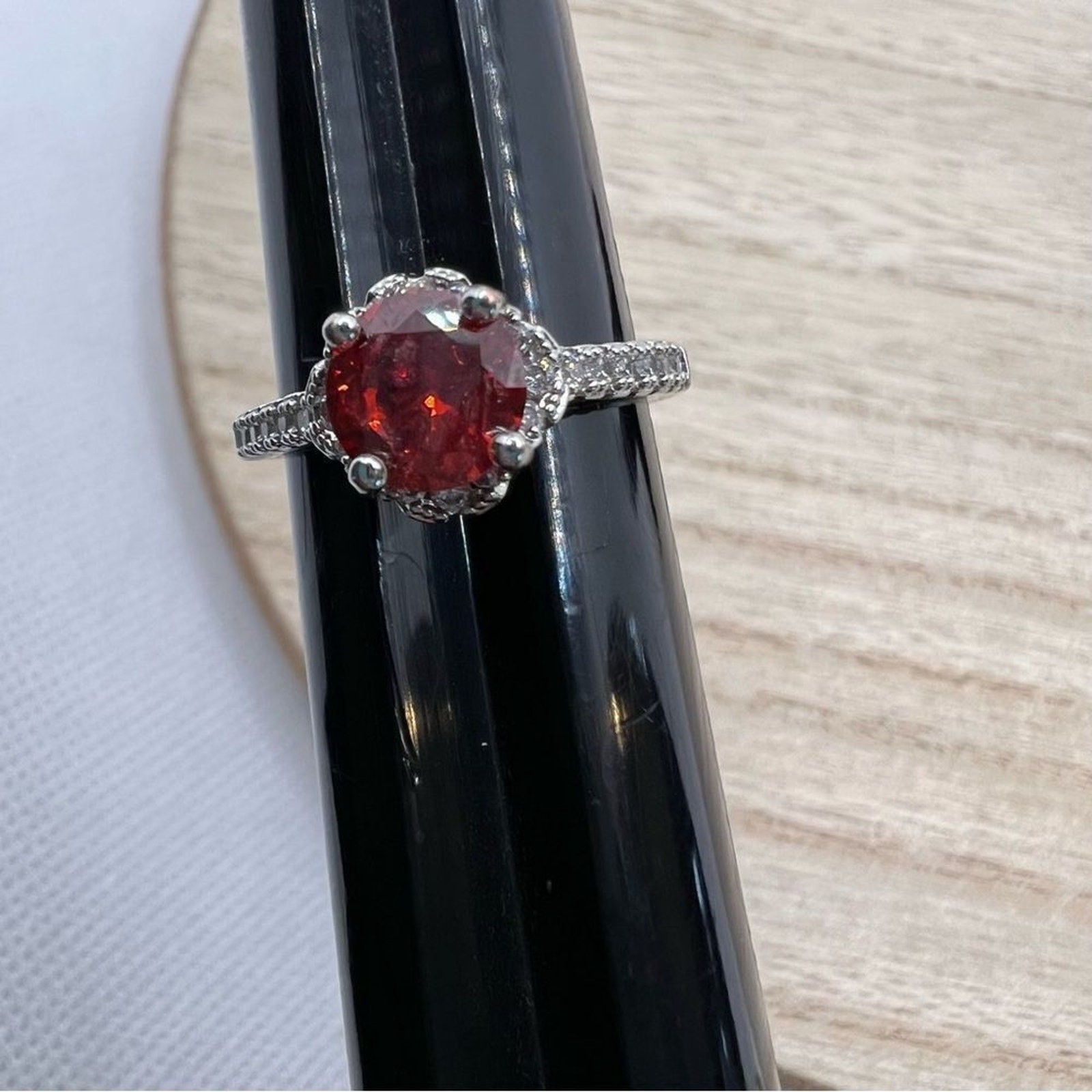 Ruby red jewel gem rhinestone studded silver ring… - image 5