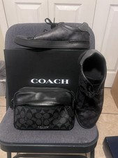 Coach Mens Black Leather Lace-Up Sneakers Log...
