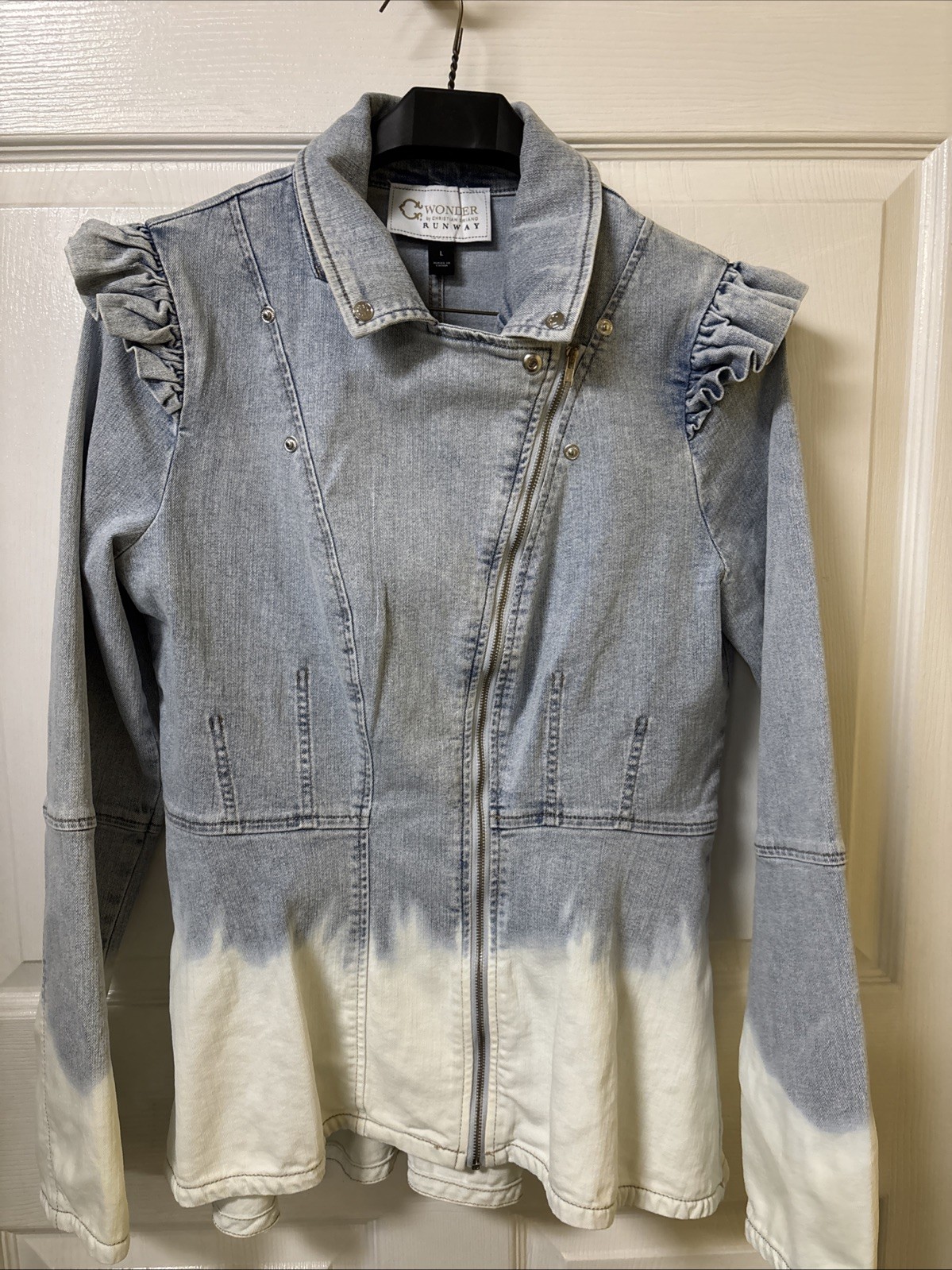 C Wonder by Christian Siriano Denim Peplum Moto Jacket Sz Large Fadeout Wash