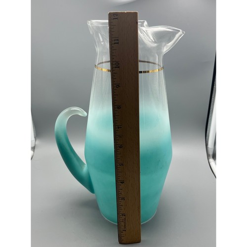 Vtg Blendo Glass Pitcher Frosted Turquoise MCM Vintage 1950 Gold Trim W.V. - Picture 9 of 10