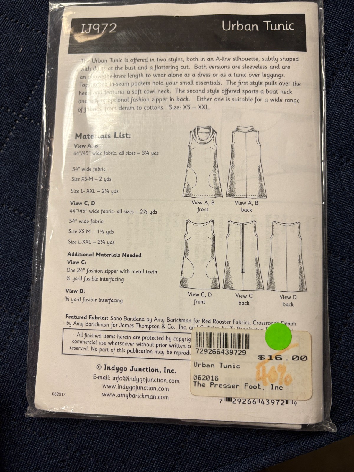 Indygo Junction 972 Sewing pattern  URBAN TUNIC, Misses XS-XXL, UNCUT