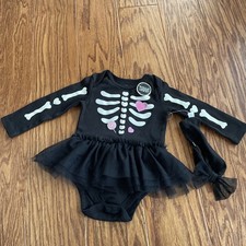 NWT Girl 12 Month Halloween Toddler 2 Pc Skeleton Tutu Suit  Bow Glow In Dark