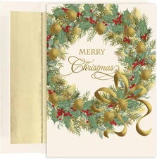 15-Count Embossed Christmas Cards with Gold Foil Envelopes Traditional Wreath