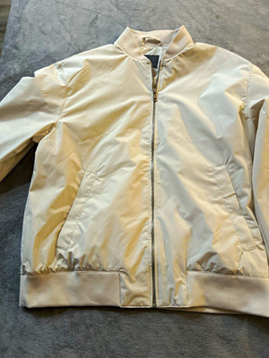 H&M Men's Beige Solid Bomber Jacket Full Zip Stand-Up Collar Short Size M