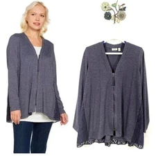 LOGO Lounge by Lori Goldstein Zip Front Cardigan Lace Back Blackberry Medium