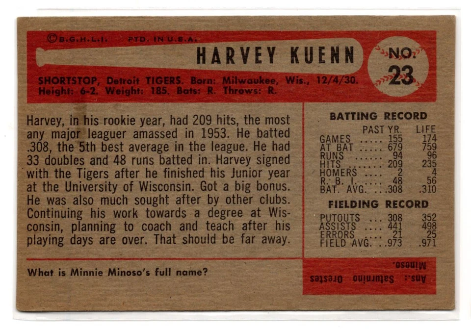 1954 Bowman Harvey Kuenn дебютант Detroit Tigers No23 - Изображение 2 из 3
