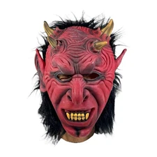 Vintage Red Devil 4-Horned Demon Full Face Halloween Mask With Hair