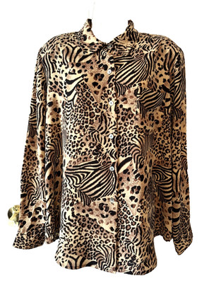 Kathy Che Women's Blouse Size XL (16) Animal Print Long Sleeve Button-Up Top