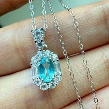 925 Sterling Silver Necklace 6x4mm Natural Blue Apatite Gemstone Zircon Chain