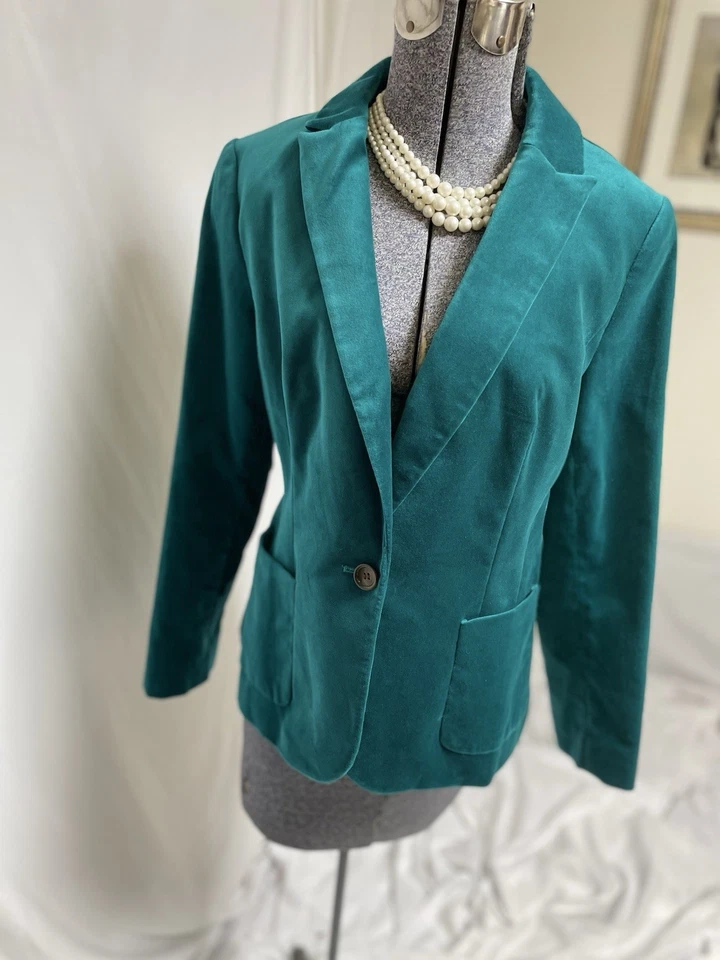 NUEVO $149 Blazer Talbots Talla 14P Chaqueta Azul Verde Mezcla de Algodón Bolsillos de Terciopelo Foto 3 de 4