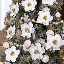 8 Pcs 8 Inch Christmas Artificial Flowers White Magnolia Flowers Stems Glitte...