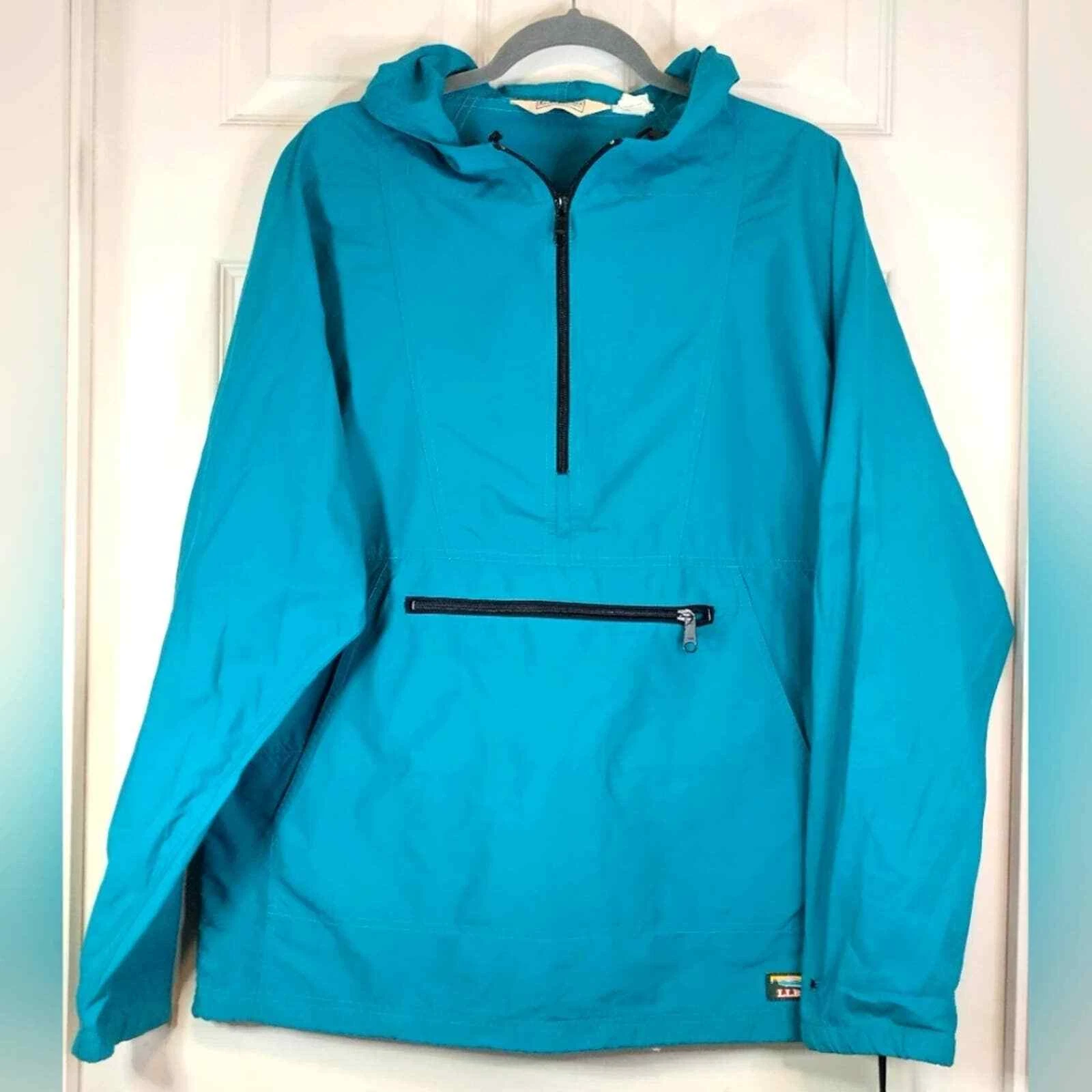 Vintage LL Bean Anorak Jacket Teal Blue Nylon Half Zip Pullover Hooded Mens M
