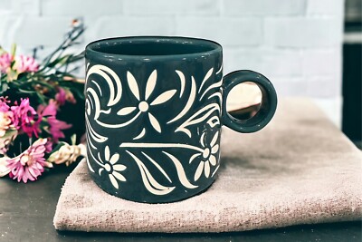 Embossed Floral Pattern Coffee Tea Mug Cup 18 Oz Ceramic Ochre By Sunday Morning