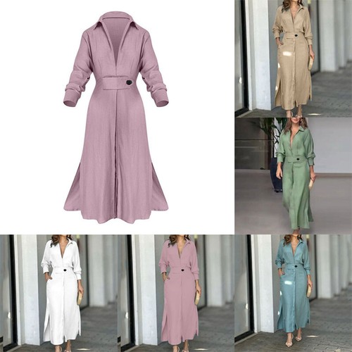 Ladies Belted Casual Solid Shirt Dresses Womens Button Long Sleeve Maxi Dress UK - Picture 3 of 17