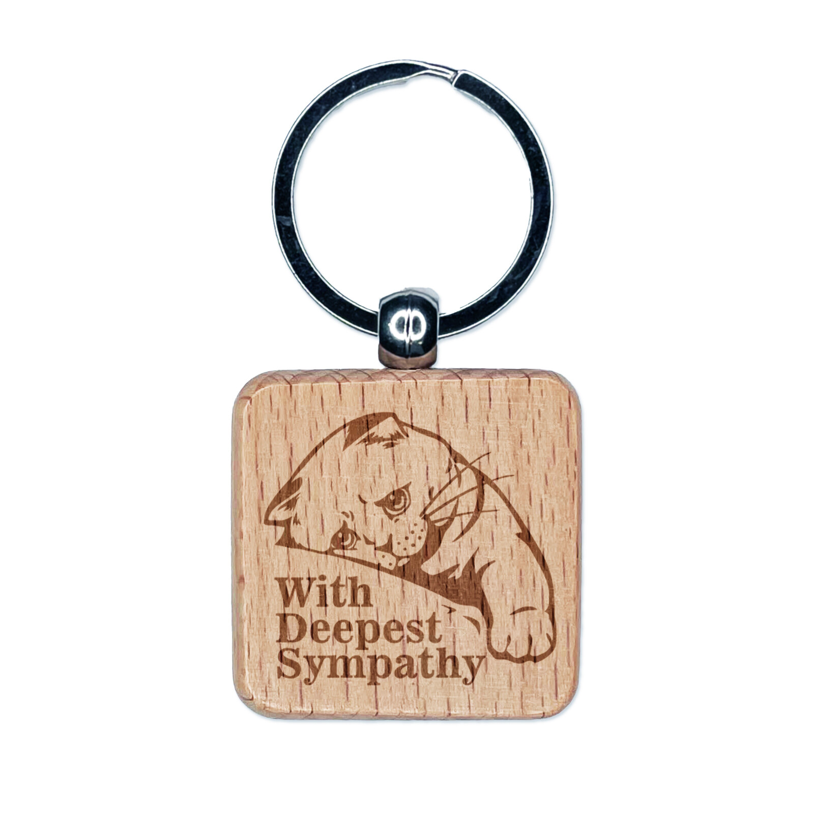 Sad Cat With Deepest Sympathy Engraved Wood Square Keychain Tag Charm