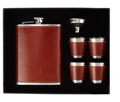 Leather Stainless Steel Hip Flask with 4 Shot Glasses + Funnel, 8 Oz