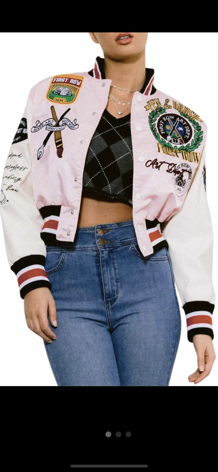 *NUOVO* Giacca donna prima fila con penna e pennello cropped Varsity Tg. (M LG)