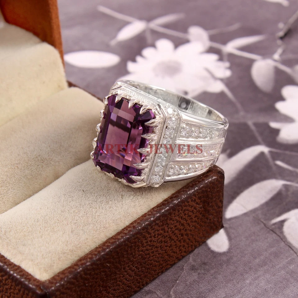Natural Amethyst Gemstone with 14K White Gold Plated Silver Ring for Men's #3581 - Image 3 of 4