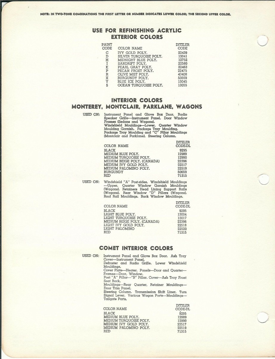 1965 Mercury Comet Parklane Monterey Montclair Paint Chips (DITZLER)