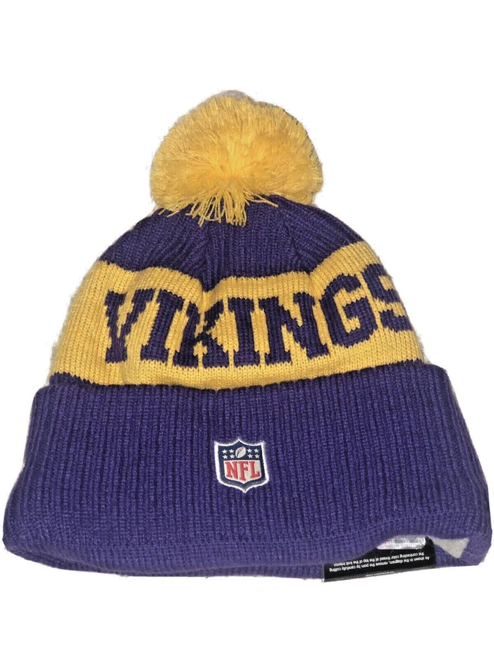 Minnesota Vikings Hombres Nueva Era NFL Lateral Hogar Forrado de Vellón Pom Gorro Púrpura Foto 2 de 4