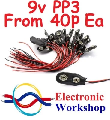 9V PP3 Battery Connector Cable Clip 2, 5 or 10 150mm Wire RC 9 Volt UK Seller