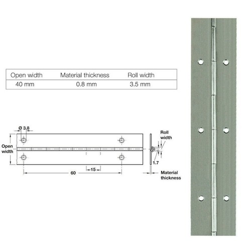 Stainless Steel Boat Piano Hinge - 45" Length X 2" Wide, 16 Gauge, Part #048-1711 (44 Mounting Holes)