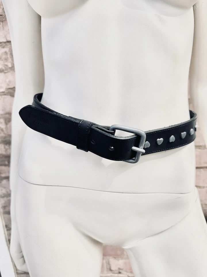 MOSCHINO Vintage Belt Leather Women Black Silver Hearts Metal Buckle Size 85 S M - Image 4 of 4