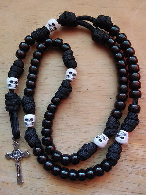 Ivory Skull Paracord Rosary Black Beads Silver St Benedict Crucifix Momento Mori