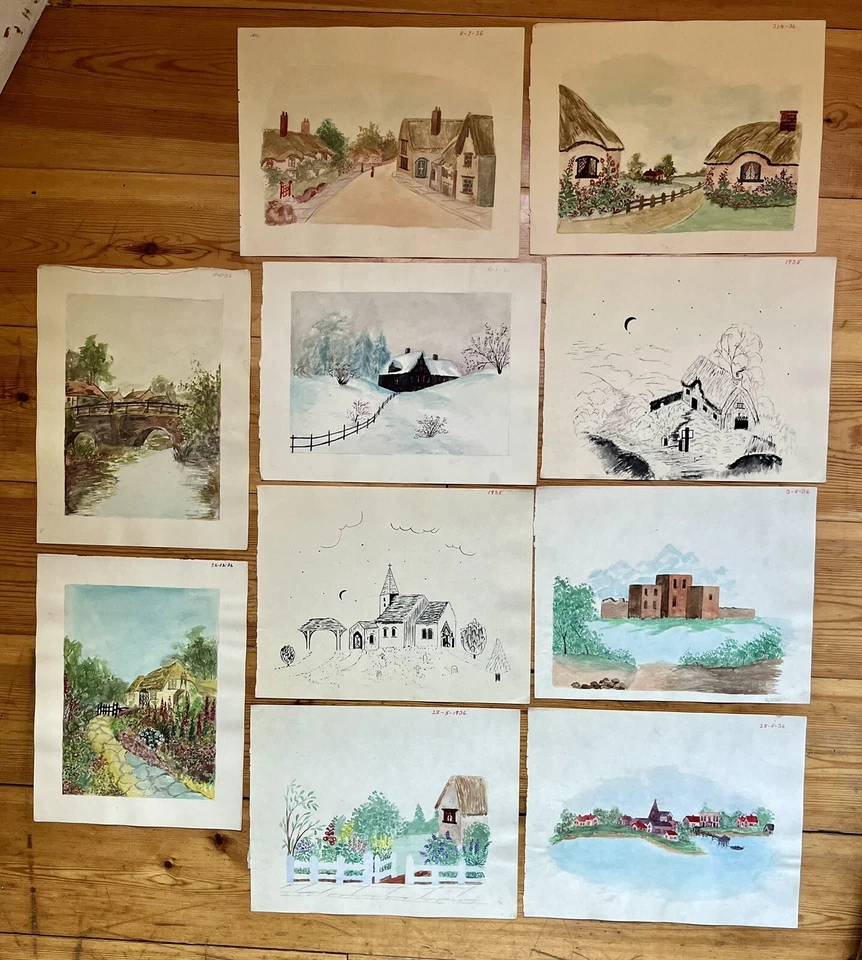 10x 30s Folk Art Scenery Landscape Cottages Watercolour Pen Ink Drawing Sketches - Image 2 of 4